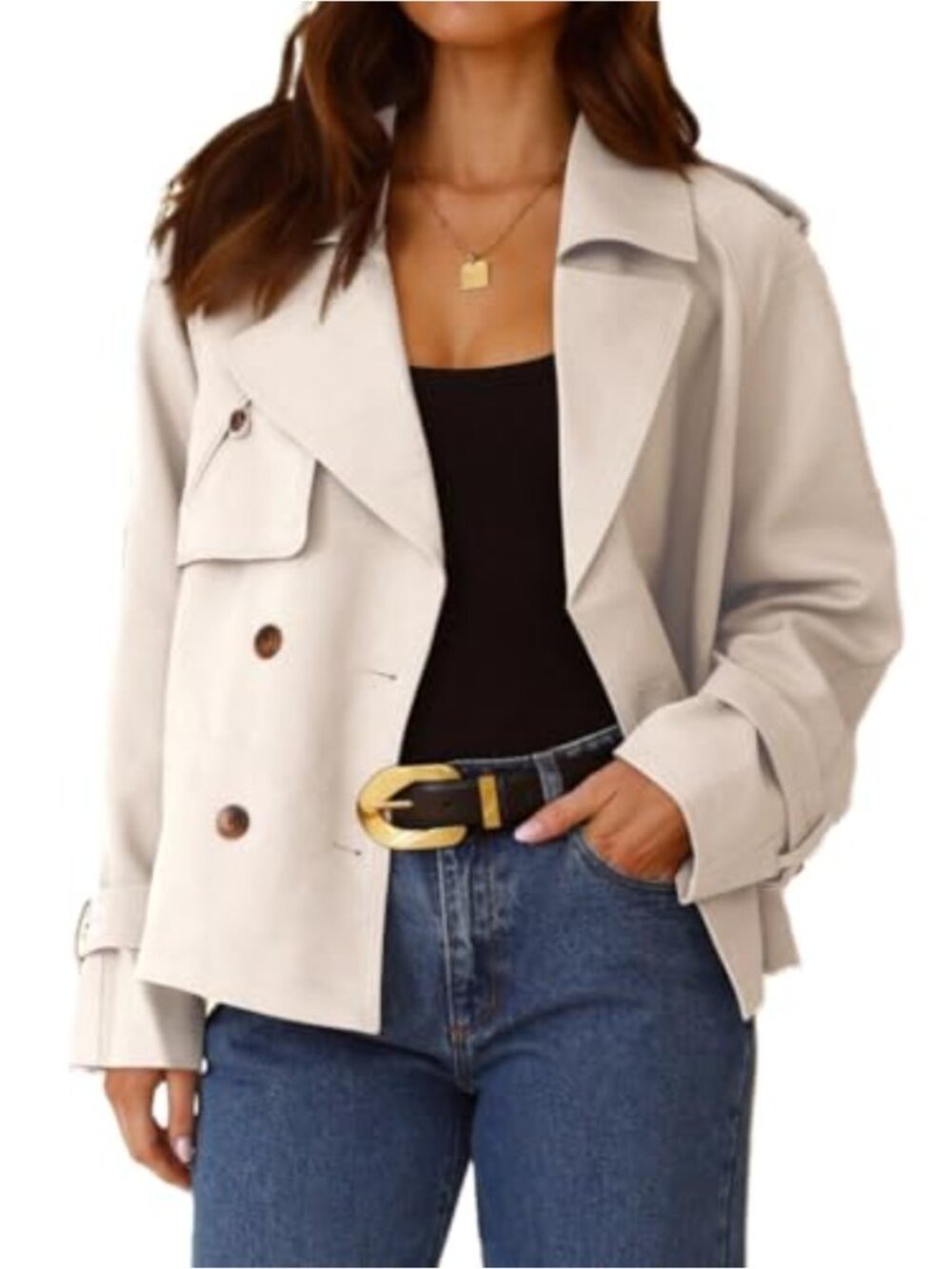 Cropped Trench Coat Double Breasted Long Sleeve Notch Lapel Work Jacket